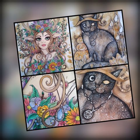 Creative art with witchy cat, flowers and mystical girl